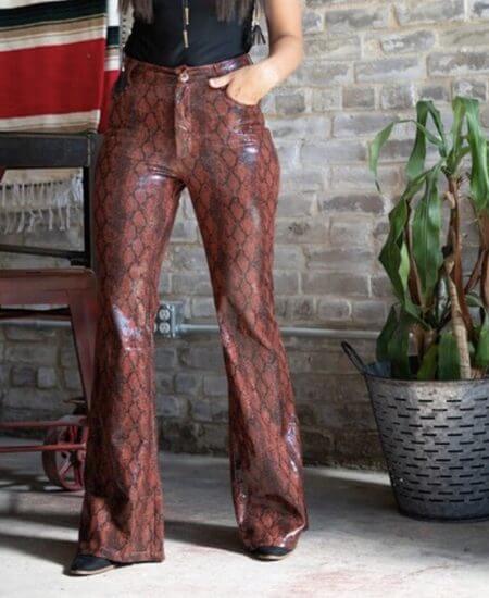 Modish Boho || Rust Faux Leather Snake Print Flare Pants $49.99