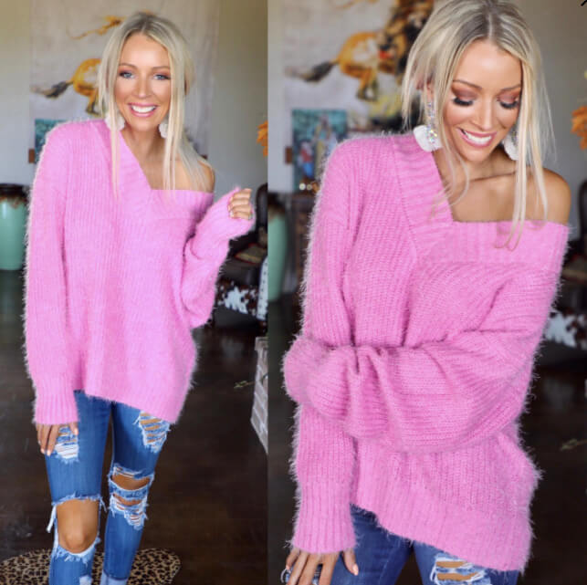 The Lace Cactus || Bubblegum Pink Fuzzy V-Neck Sweater $46.99