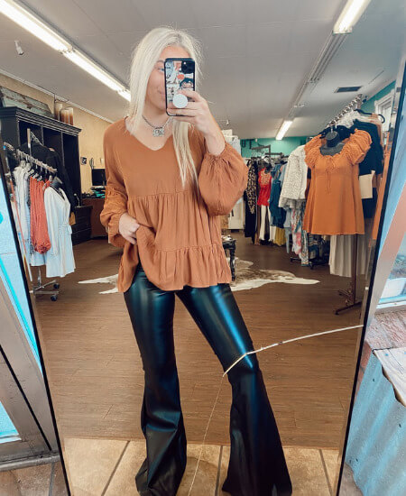 All things pleather, please! These pleather bell bottoms are sassy, fierce, and western fashion certified!