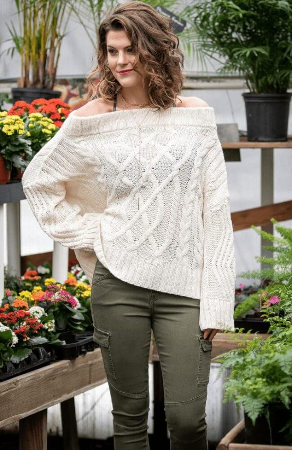 Olive Gypsy, Off The Shoulder Wool Cable Sweater,
